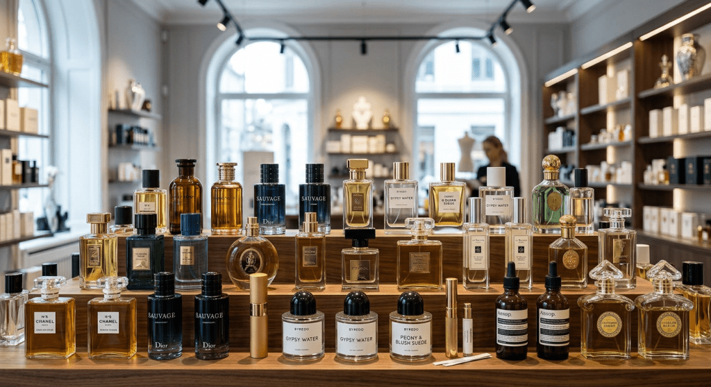 Display of assorted luxury perfume bottles on wooden shelves in boutique